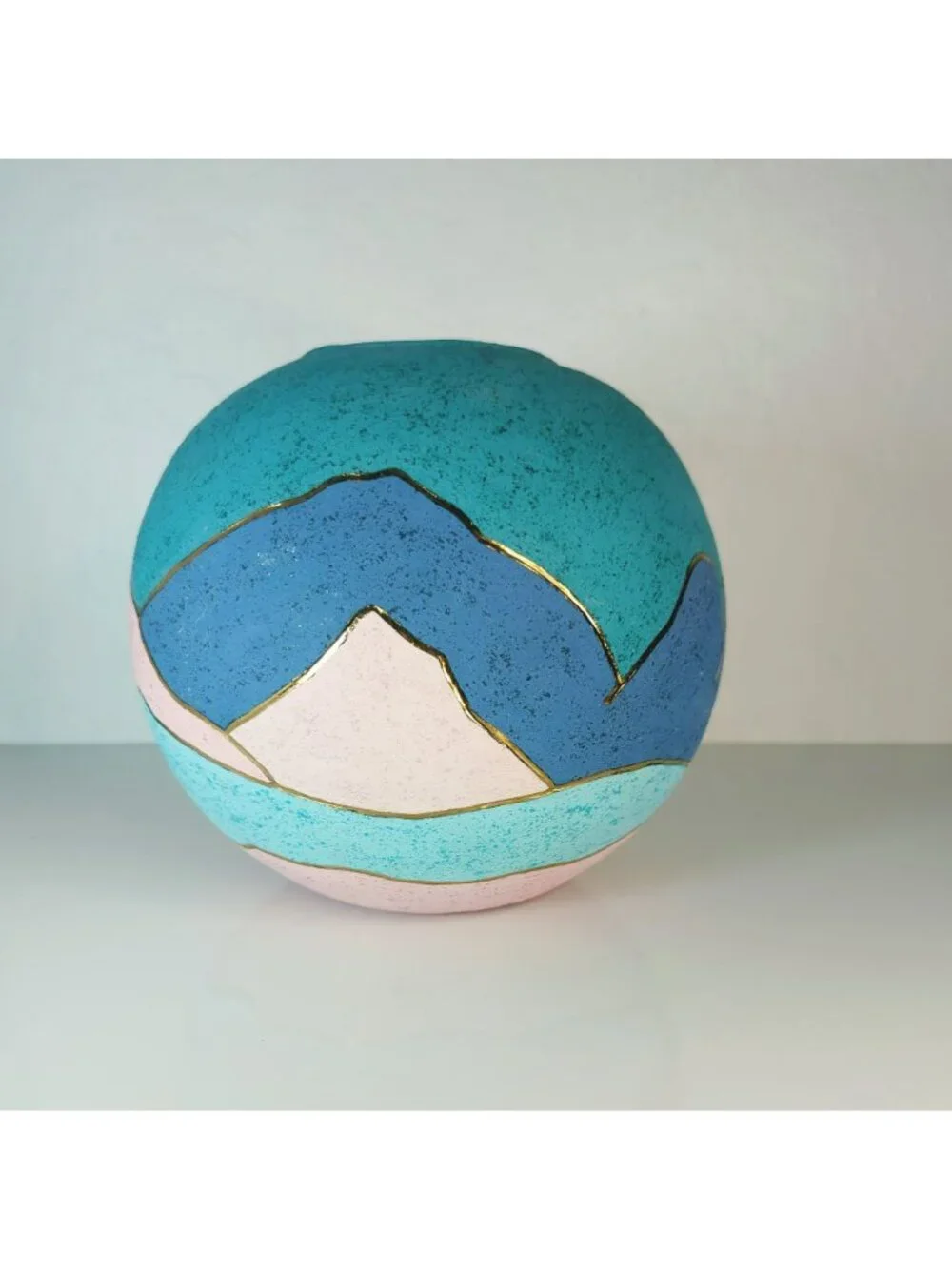 Vintage Southwest Ceramic Vase Abstract Mountain Scene Turquoise Pink Gold Trim